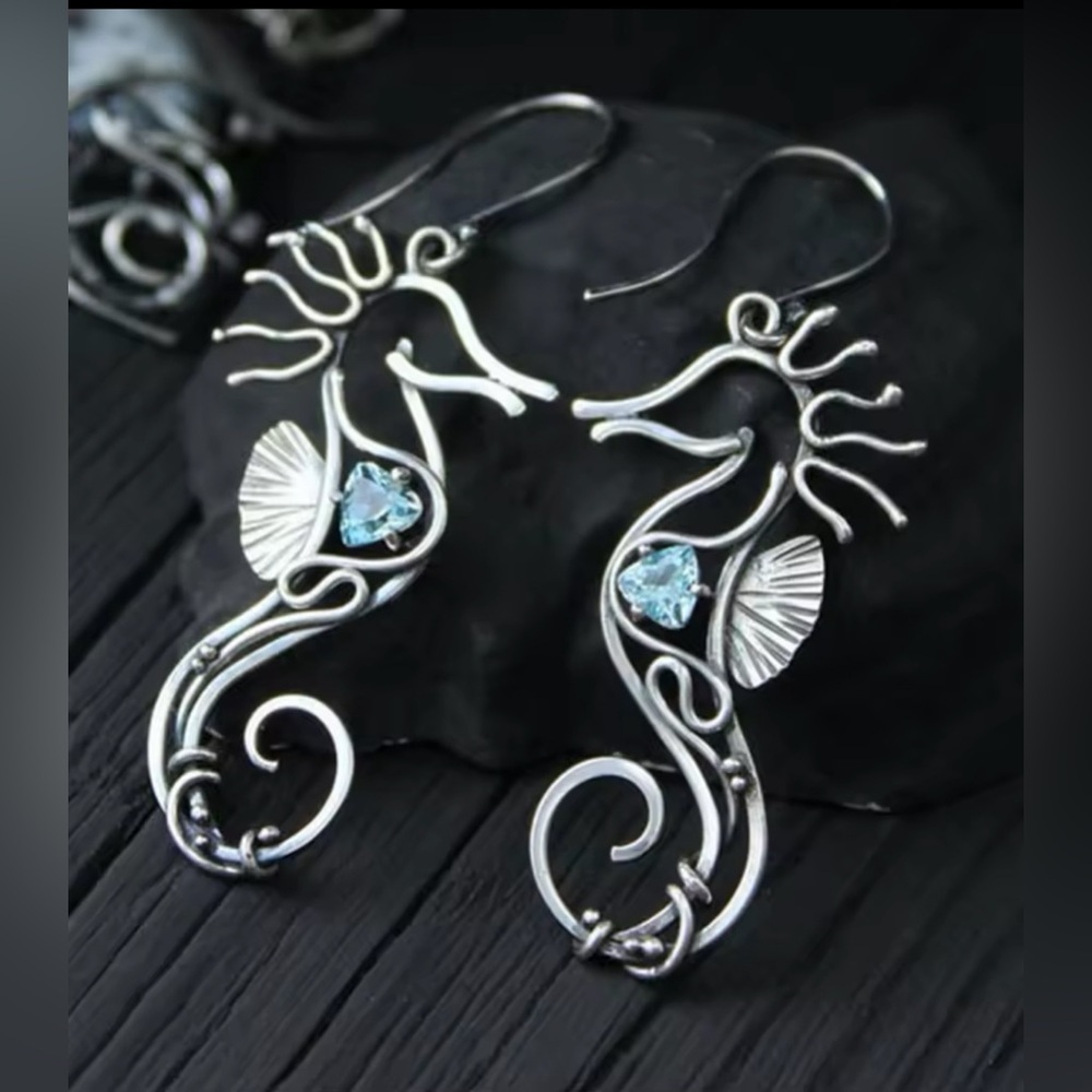 Tibetan Silver Seahorse Wire Wrapped Drop Dangle Earrings